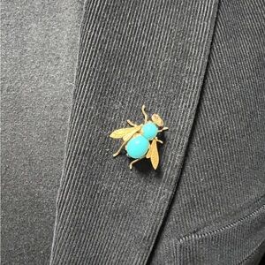 Vintage 18k Yellow Gold A+ Persian Turquoise Bumble Bee Pin With Ruby Eyes